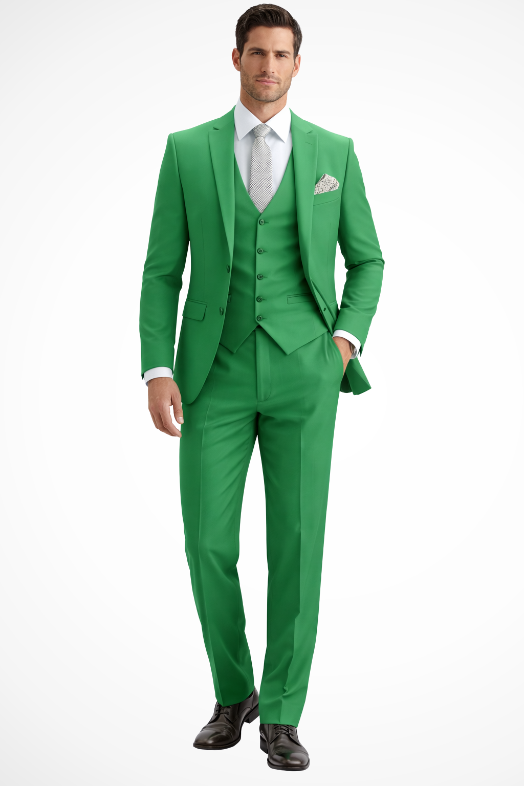 Sleek men’s three-piece suit featuring a slim fit design and stylish peak lapel, perfect for formal occasions and business events. 10