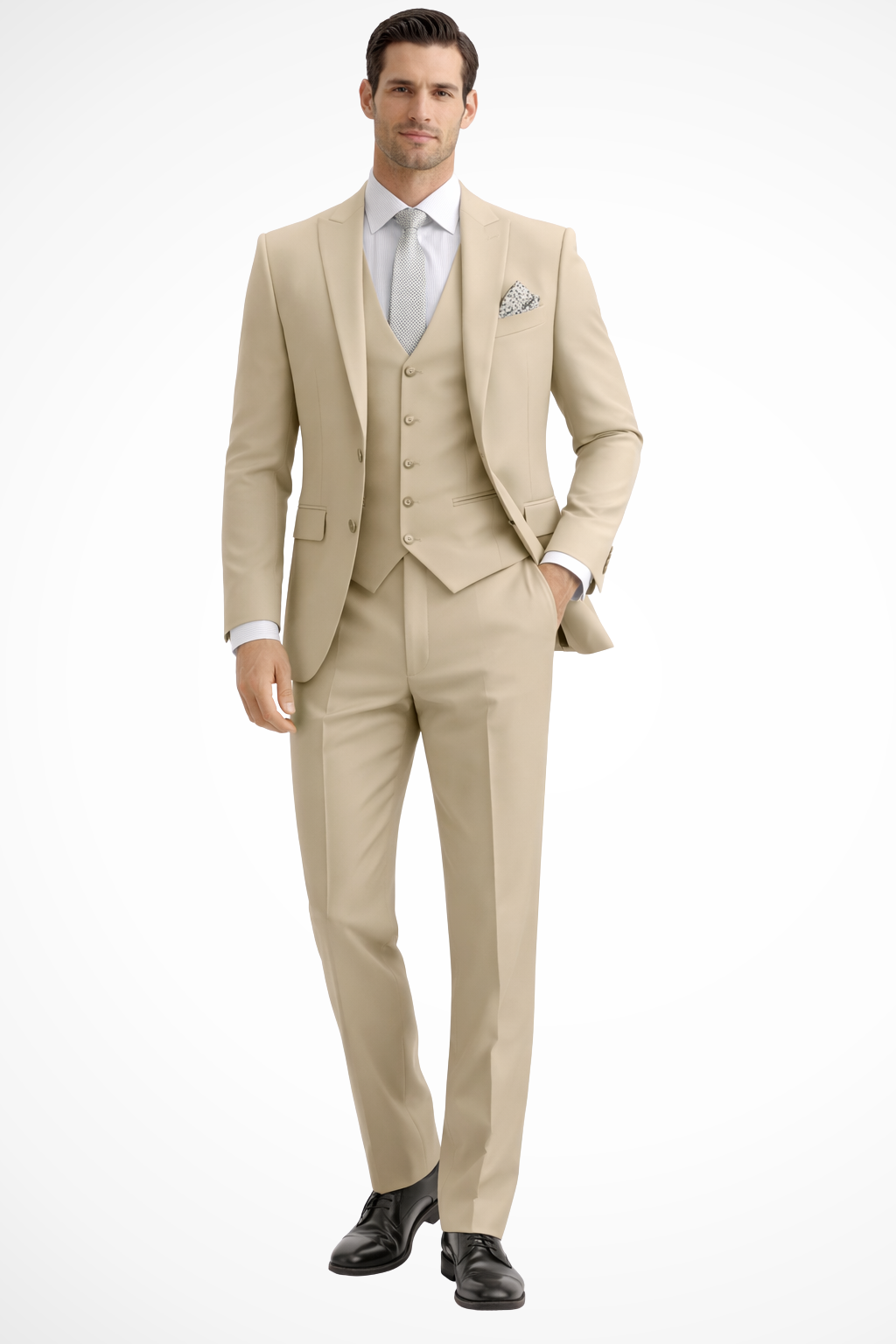 Sleek men’s three-piece suit featuring a slim fit design and stylish peak lapel, perfect for formal occasions and business events. 11