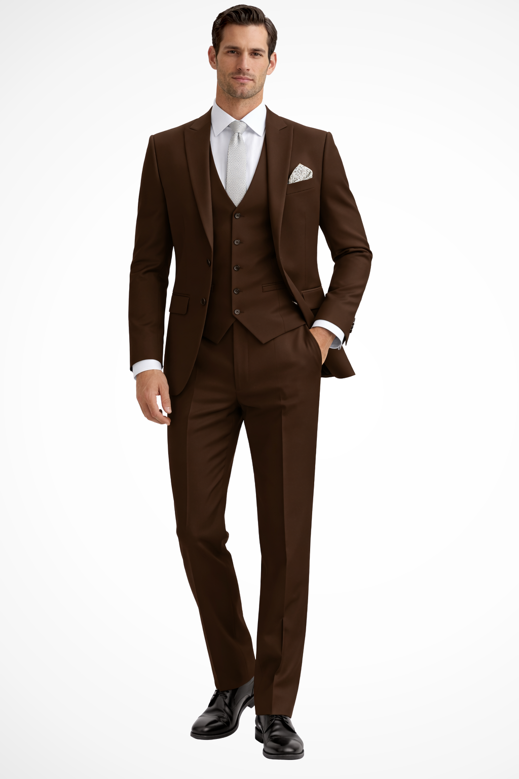 Sleek men’s three-piece suit featuring a slim fit design and stylish peak lapel, perfect for formal occasions and business events. 3