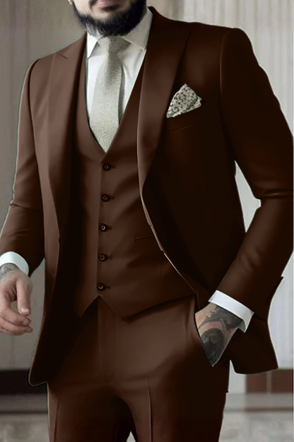 Sleek men’s three-piece suit featuring a slim fit design and stylish peak lapel, perfect for formal occasions and business events. 4