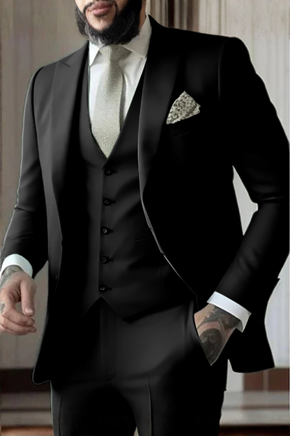 Sleek men’s three-piece suit featuring a slim fit design and stylish peak lapel, perfect for formal occasions and business events. 5
