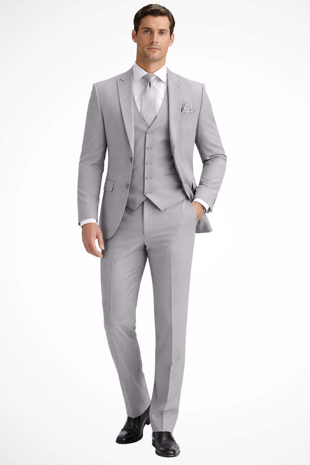 Sleek men’s three-piece suit featuring a slim fit design and stylish peak lapel, perfect for formal occasions and business events. 6