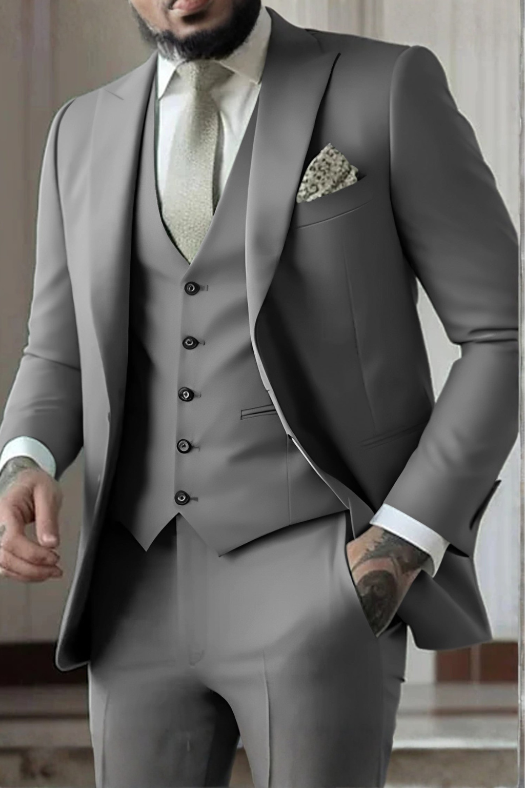 Sleek men’s three-piece suit featuring a slim fit design and stylish peak lapel, perfect for formal occasions and business events. 7