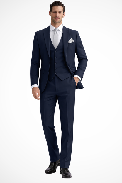 Sleek men’s three-piece suit featuring a slim fit design and stylish peak lapel, perfect for formal occasions and business events. 8
