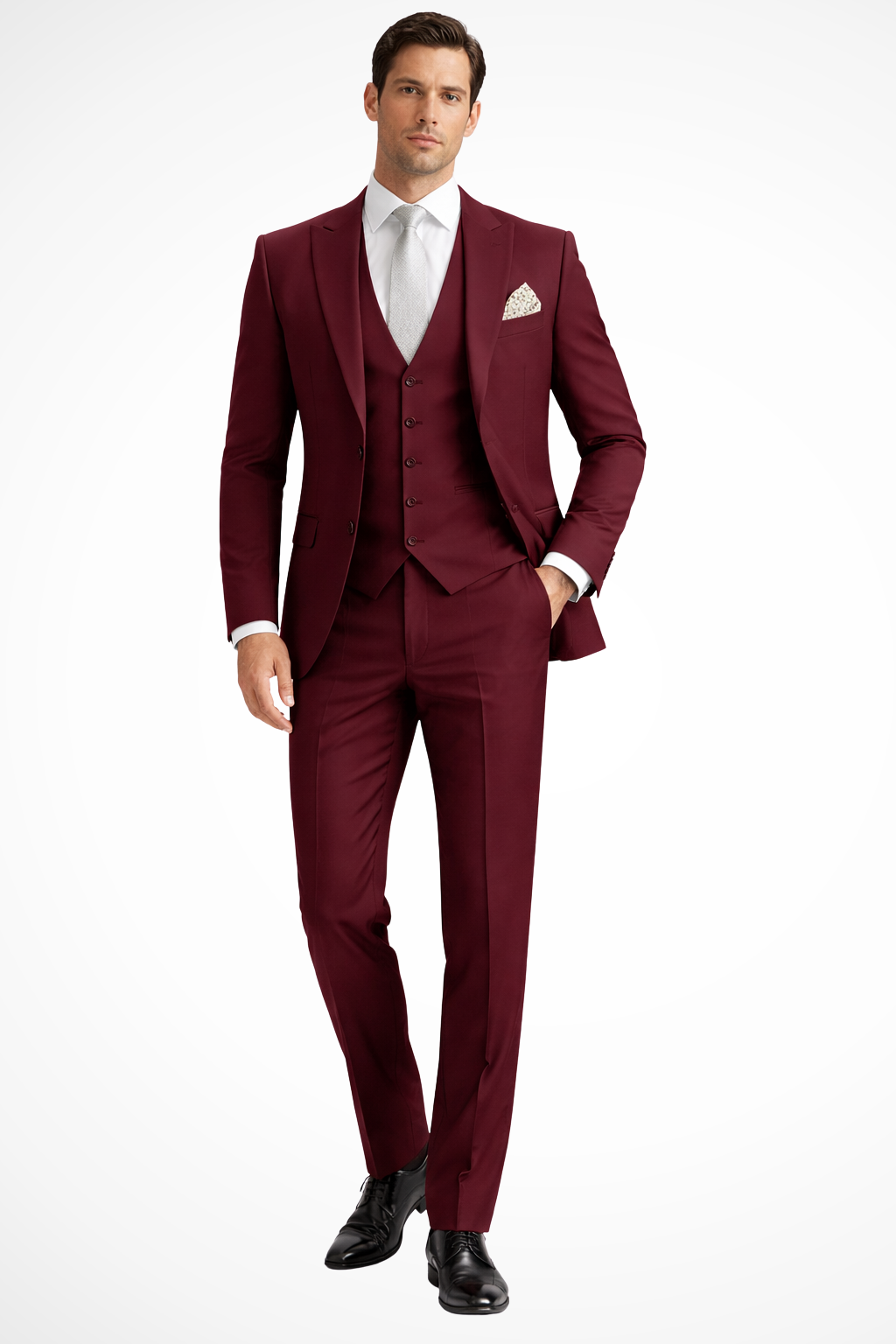 Sleek men’s three-piece suit featuring a slim fit design and stylish peak lapel, perfect for formal occasions and business events. 9