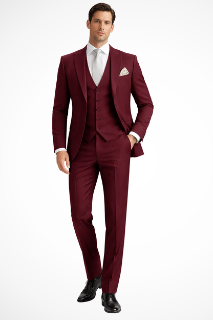 Sleek men’s three-piece suit featuring a slim fit design and stylish peak lapel, perfect for formal occasions and business events. 9