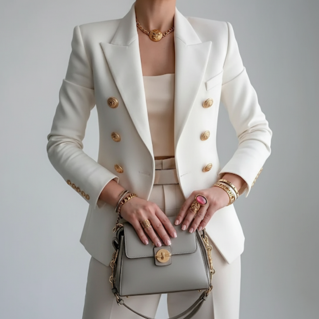 Sleek women's blazer featuring a stylish double-breasted design adorned with elegant gold buttons, perfect for professional and formal occasions. 0