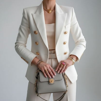 Sleek women's blazer featuring a stylish double-breasted design adorned with elegant gold buttons, perfect for professional and formal occasions. 0