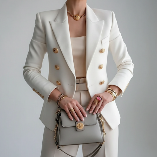 Sleek women's blazer featuring a stylish double-breasted design adorned with elegant gold buttons, perfect for professional and formal occasions. 0