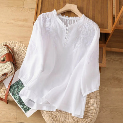 Sleek women's blouse featuring delicate floral embroidery and a stylish button-front design, perfect for both casual and formal occasions. 0