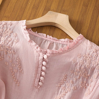 Sleek women's blouse featuring delicate floral embroidery and a stylish button-front design, perfect for both casual and formal occasions. 3