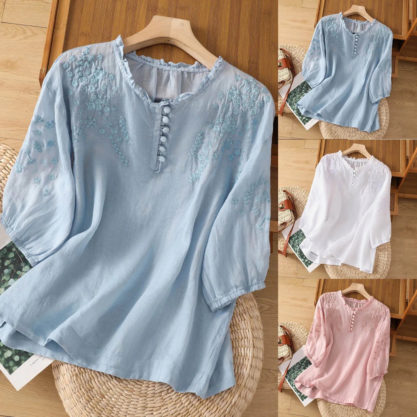 Sleek women's blouse featuring delicate floral embroidery and a stylish button-front design, perfect for both casual and formal occasions. 4