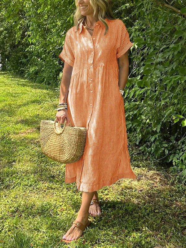 Sleek women’s dress featuring a stylish button-up front and a chic vertical stripe design, perfect for both casual and formal occasions. 8