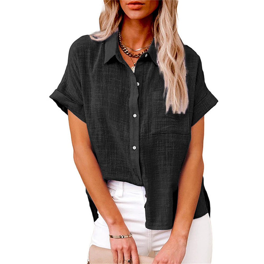 Sleek women's shirt featuring a stylish collared neckline and a practical front pocket, perfect for both casual and professional looks. 0