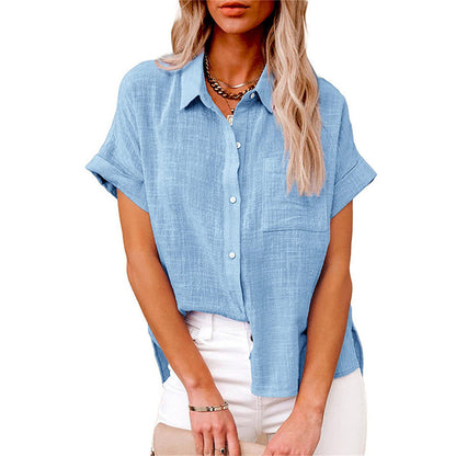 Sleek women's shirt featuring a stylish collared neckline and a practical front pocket, perfect for both casual and professional looks. 3