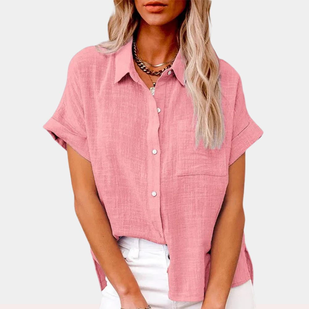 Sleek women's shirt featuring a stylish collared neckline and a practical front pocket, perfect for both casual and professional looks. 4