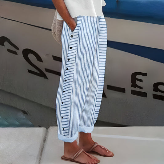 Sleek women’s trousers featuring stylish stripe panel detail and a chic cropped length, perfect for modern casual or office wear. 0