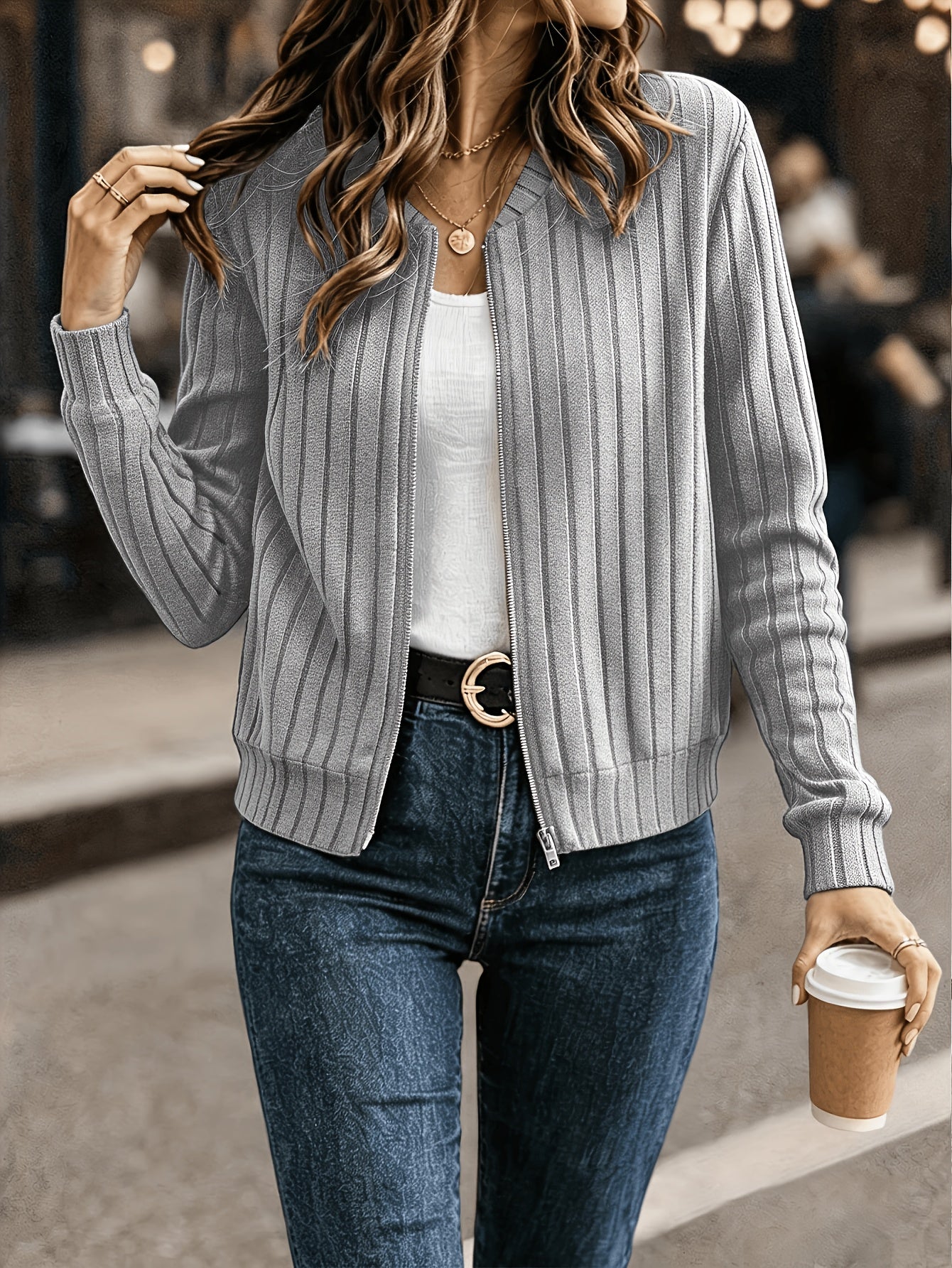Sloane Women's Ribbed Zip-Up Jacket in a stylish design, showcasing refined comfort and versatility for everyday wear. 2