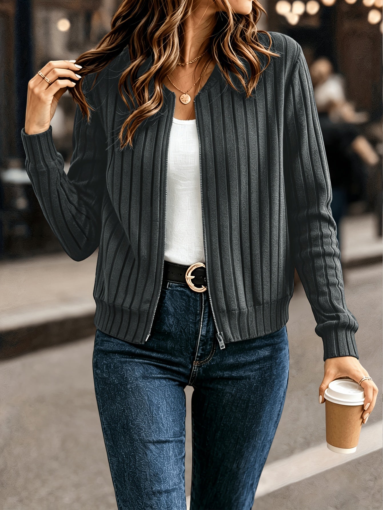 Sloane Women's Ribbed Zip-Up Jacket in a stylish design, showcasing refined comfort and versatility for everyday wear. 3