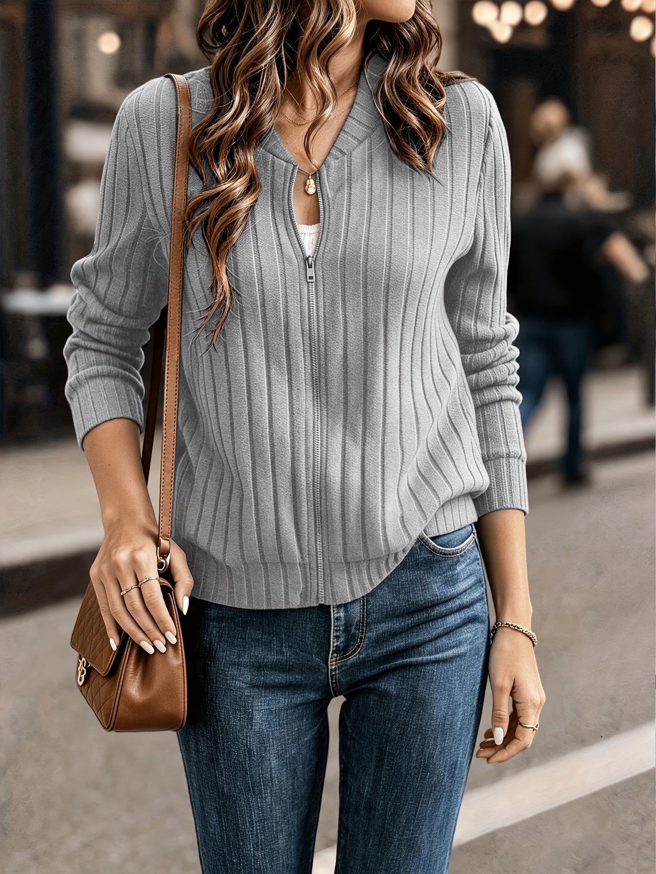 Sloane Women's Ribbed Zip-Up Jacket in a stylish design, showcasing refined comfort and versatility for everyday wear. 7