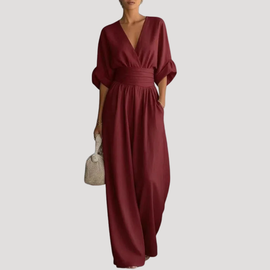 Soleil Women's jumpsuit featuring a stylish wide leg design and a flattering deep V neckline, perfect for casual or formal occasions. 0