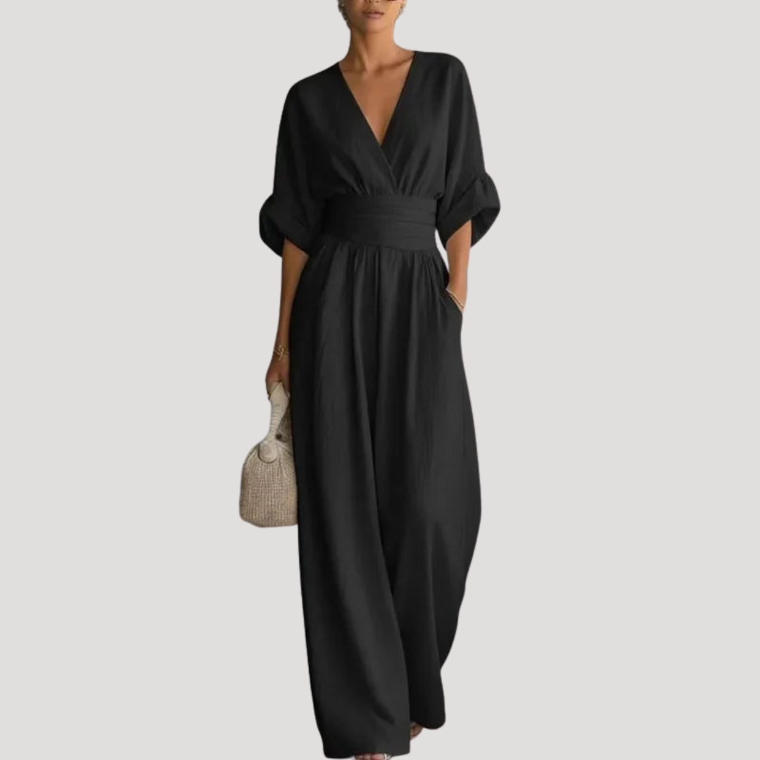 Soleil Women's jumpsuit featuring a stylish wide leg design and a flattering deep V neckline, perfect for casual or formal occasions. 1