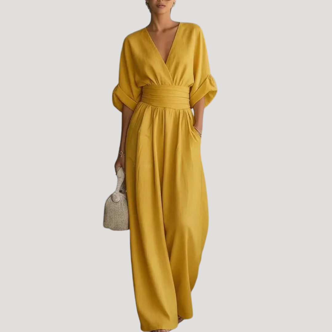Soleil Women's jumpsuit featuring a stylish wide leg design and a flattering deep V neckline, perfect for casual or formal occasions. 2