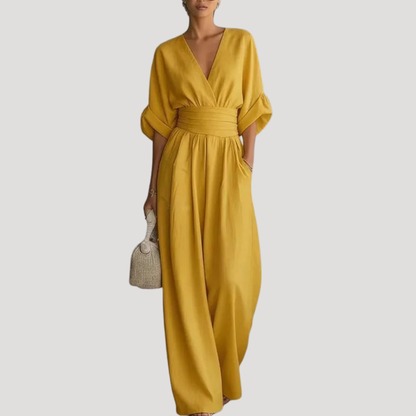 Soleil Women's jumpsuit featuring a stylish wide leg design and a flattering deep V neckline, perfect for casual or formal occasions. 2