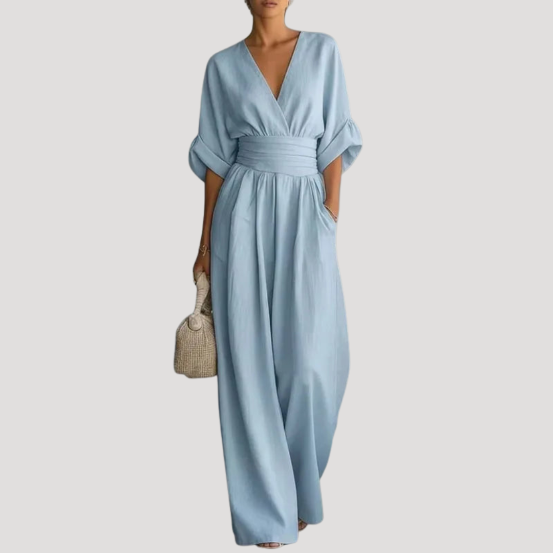 Soleil Women's jumpsuit featuring a stylish wide leg design and a flattering deep V neckline, perfect for casual or formal occasions. 3