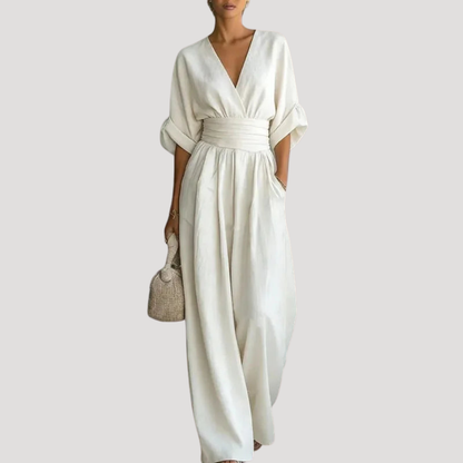 Soleil Women's jumpsuit featuring a stylish wide leg design and a flattering deep V neckline, perfect for casual or formal occasions. 4