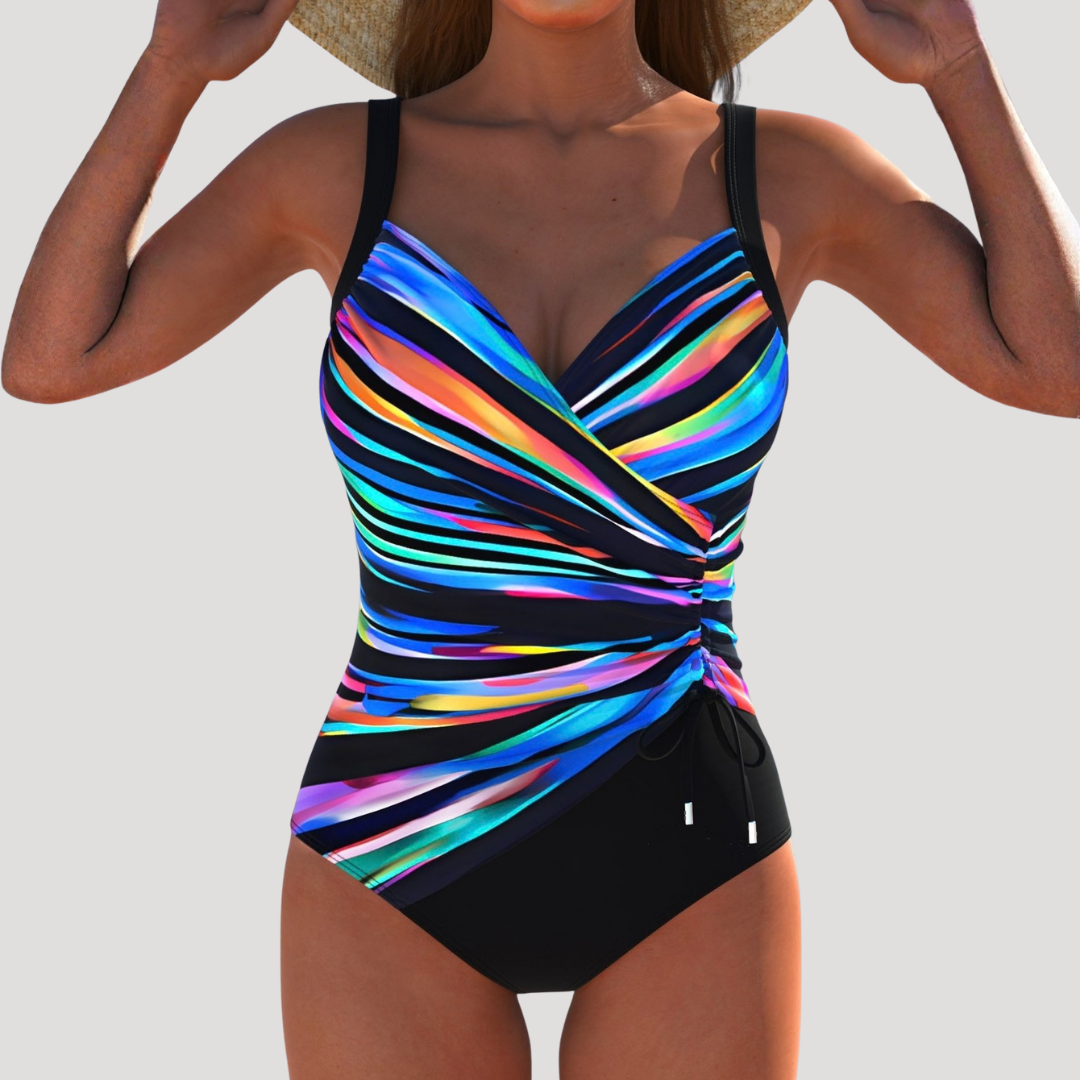 Soleil Women’s One-Piece Swimsuit featuring a wrap front bodice design and vibrant multicolor print, perfect for beach outings and summer 0