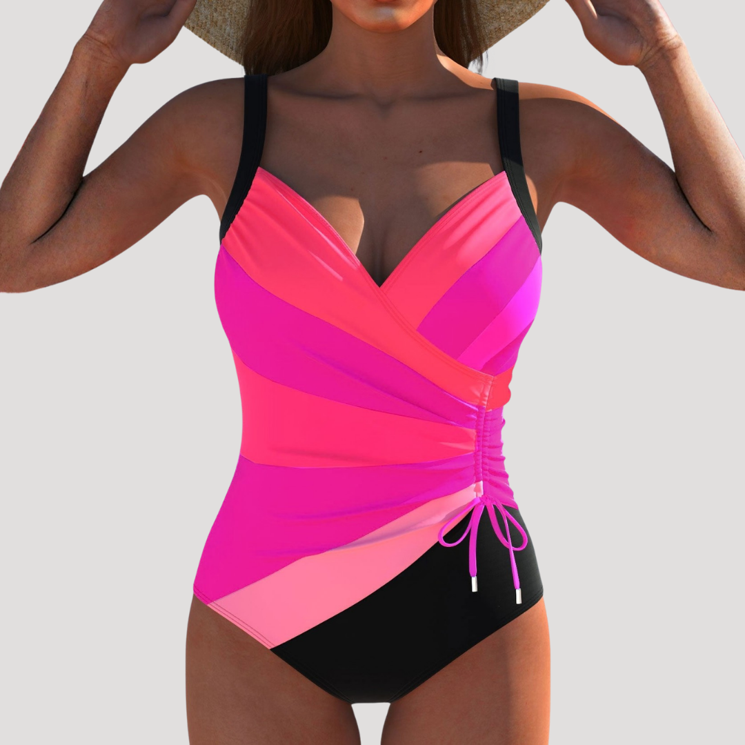 Soleil Women’s One-Piece Swimsuit featuring a wrap front bodice design and vibrant multicolor print, perfect for beach outings and summer 2