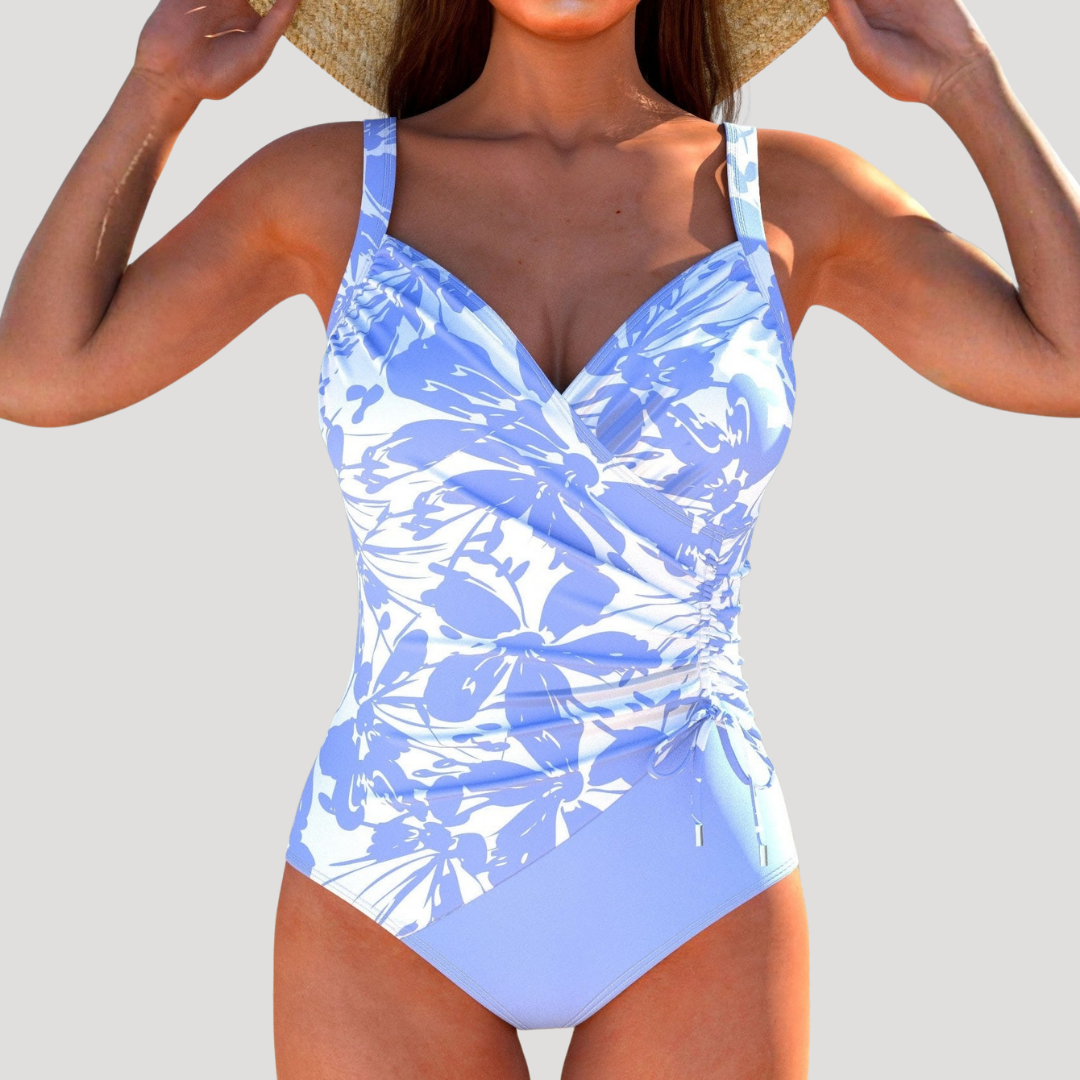 Soleil Women’s One-Piece Swimsuit featuring a wrap front bodice design and vibrant multicolor print, perfect for beach outings and summer 3