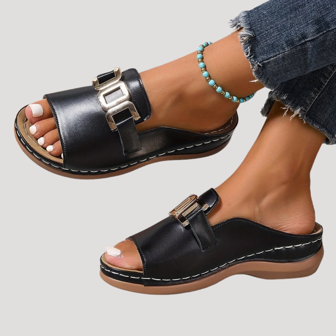 Soleil Women’s Slide Sandals featuring a stylish statement metallic buckle, perfect for summer outings and casual wear. 5