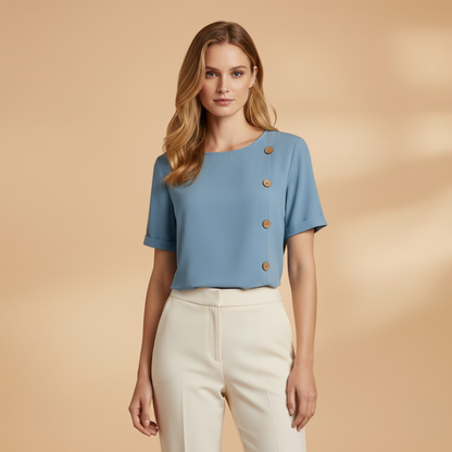 Sora Women's Blouse featuring stylish side button detail and a relaxed loose fit design, perfect for casual and comfortable wear. 0