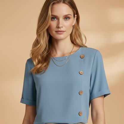 Sora Women's Blouse featuring stylish side button detail and a relaxed loose fit design, perfect for casual and comfortable wear. 3