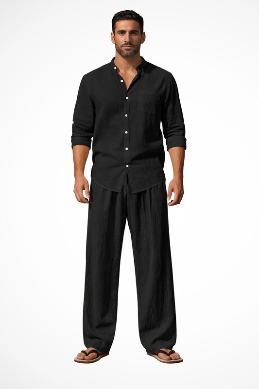Stellar men's set featuring a grandad collar long sleeve shirt in a stylish design paired with comfortable straight leg trousers, perfect for casual or formal occasions. 0