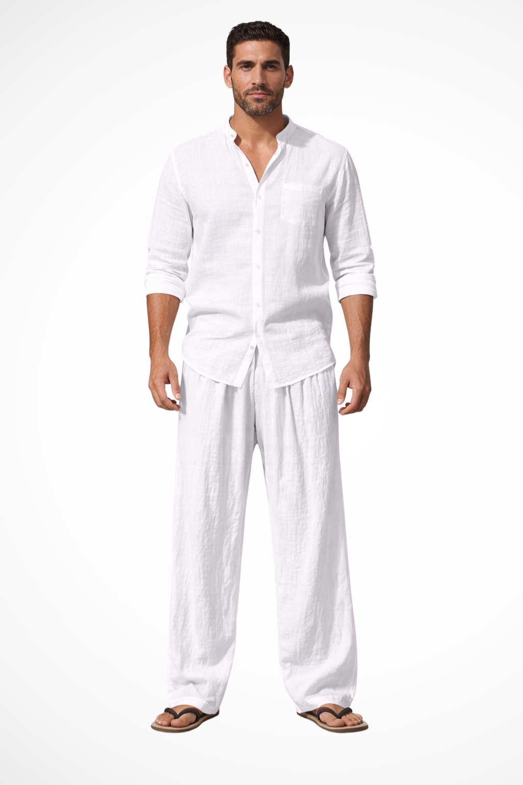 Stellar men's set featuring a grandad collar long sleeve shirt in a stylish design paired with comfortable straight leg trousers, perfect for casual or formal occasions. 3