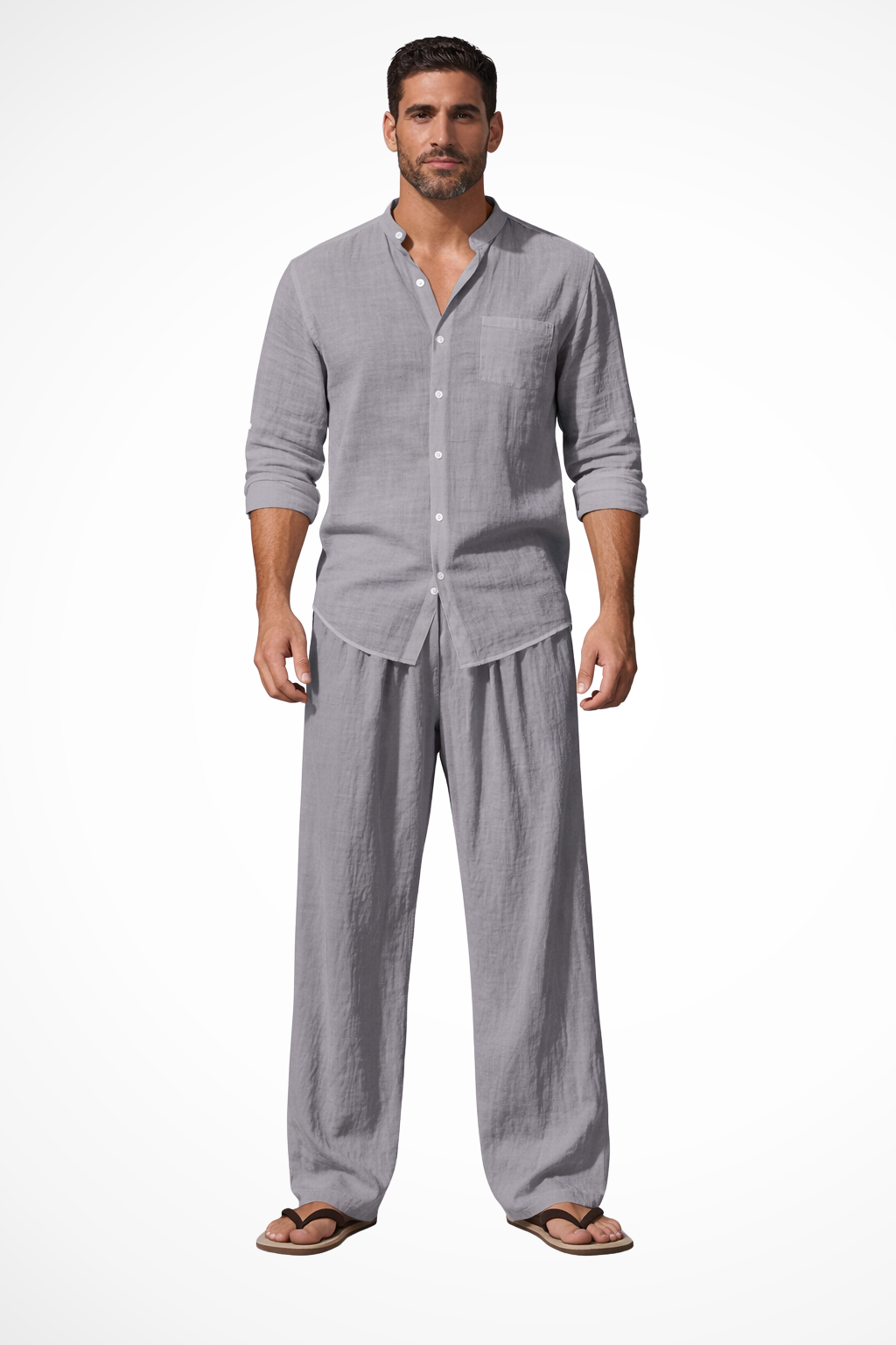 Stellar men's set featuring a grandad collar long sleeve shirt in a stylish design paired with comfortable straight leg trousers, perfect for casual or formal occasions. 7