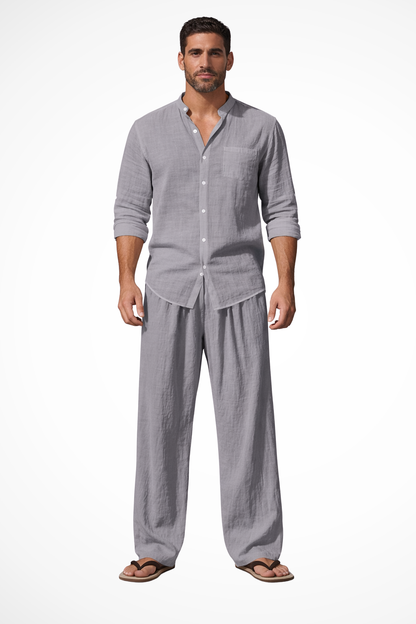 Stellar men's set featuring a grandad collar long sleeve shirt in a stylish design paired with comfortable straight leg trousers, perfect for casual or formal occasions. 7