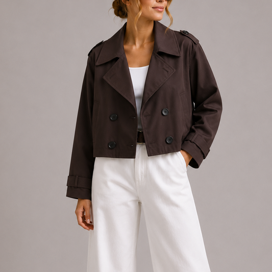 Talia Women's Cropped Trench Coat in a lightweight classic design, featuring a stylish silhouette perfect for transitional weather. 0