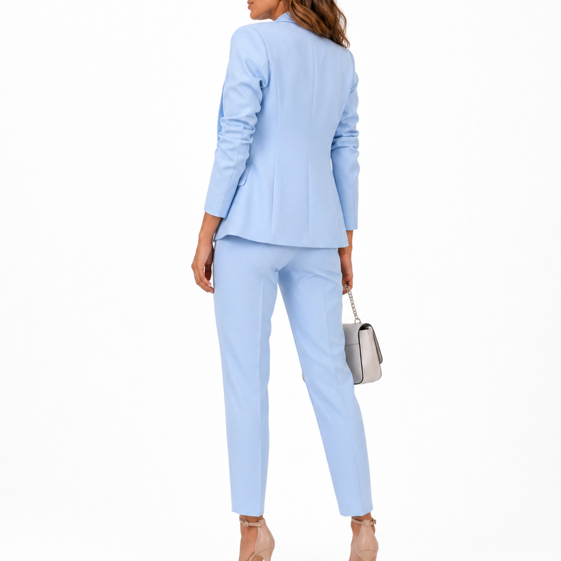 Talia Women's Suit featuring a stylish double-breasted blazer and elegant straight leg trousers, perfect for professional or formal occasions. 1