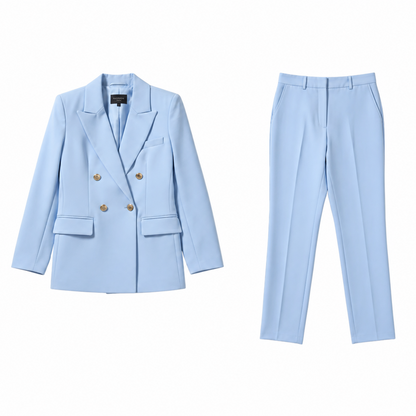 Talia Women's Suit featuring a stylish double-breasted blazer and elegant straight leg trousers, perfect for professional or formal occasions. 2