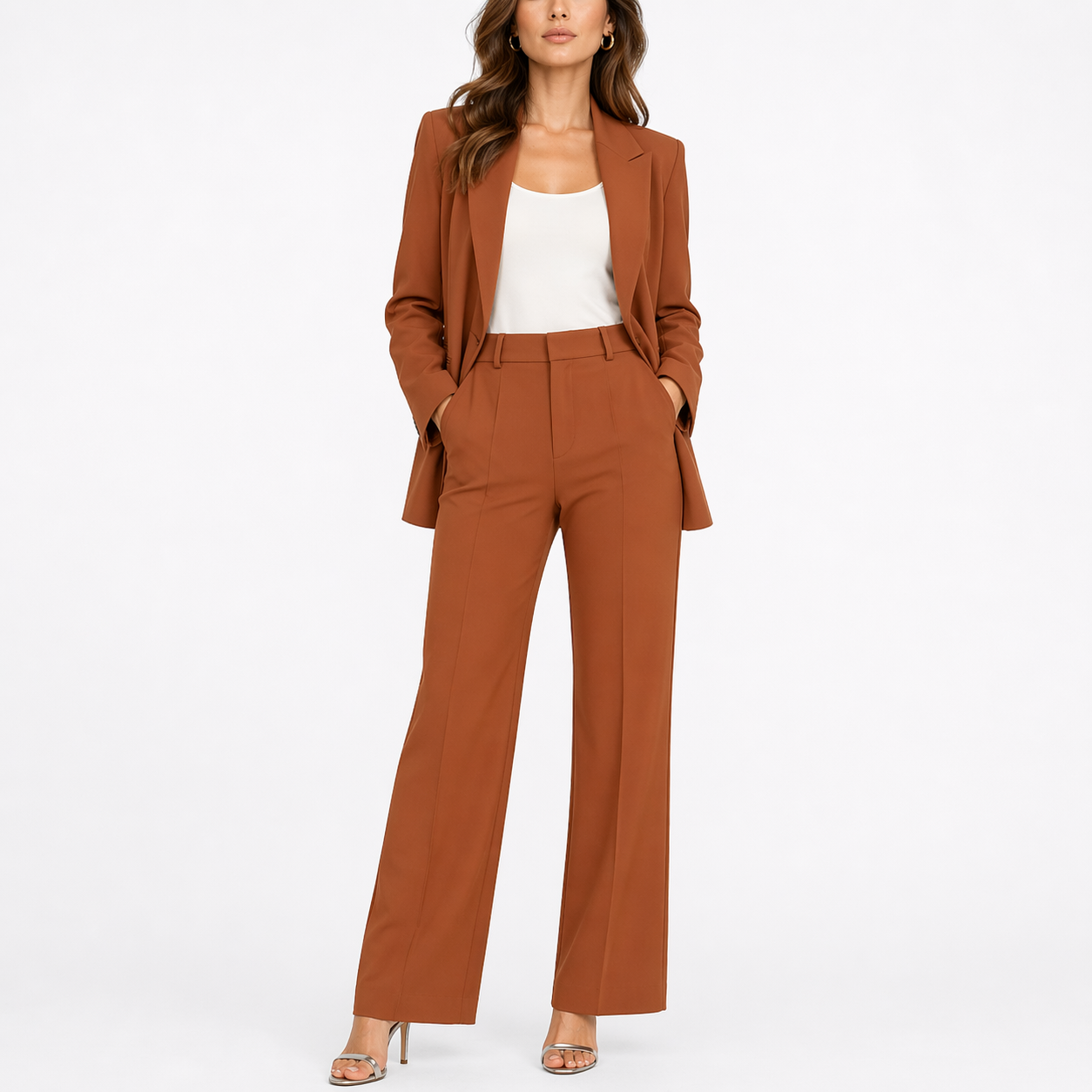 Talia Women’s Suit featuring a chic tailored blazer and high-waisted straight-leg pants, perfect for professional or formal occasions. 0
