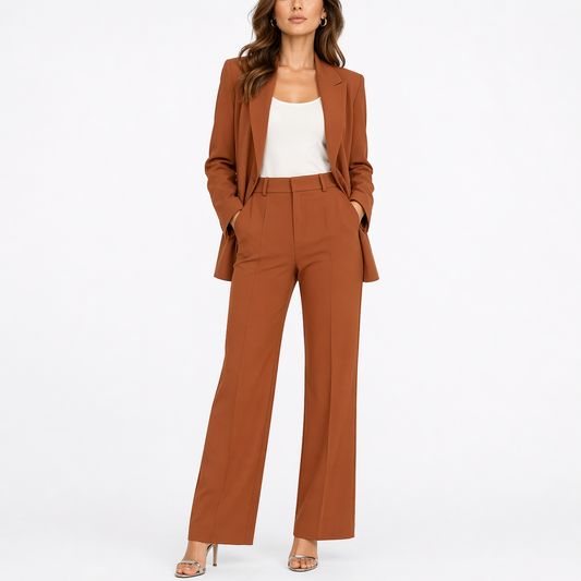 Talia Women’s Suit featuring a chic tailored blazer and high-waisted straight-leg pants, perfect for professional or formal occasions. 0