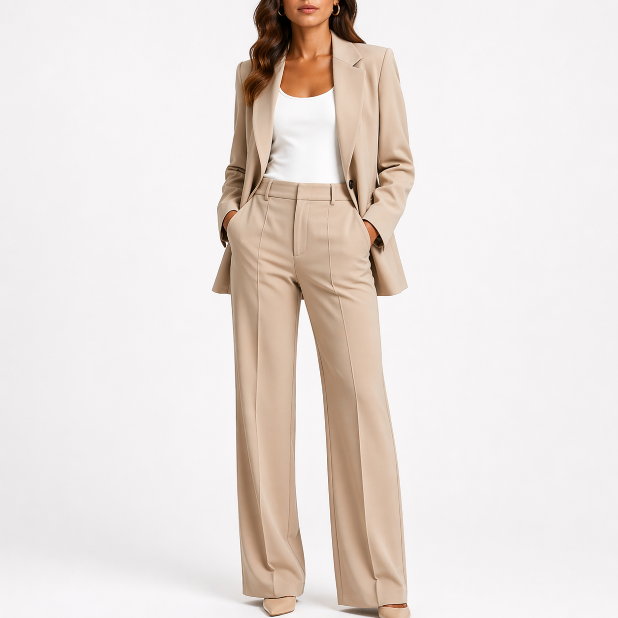Talia Women’s Suit featuring a chic tailored blazer and high-waisted straight-leg pants, perfect for professional or formal occasions. 1
