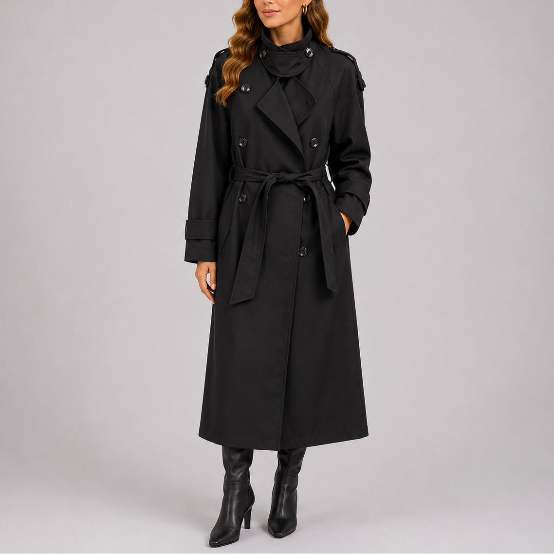 Talia Women's Tailored Trench Coat featuring a double-breasted design and a stylish waist belt, perfect for elegant layering in any season. 0