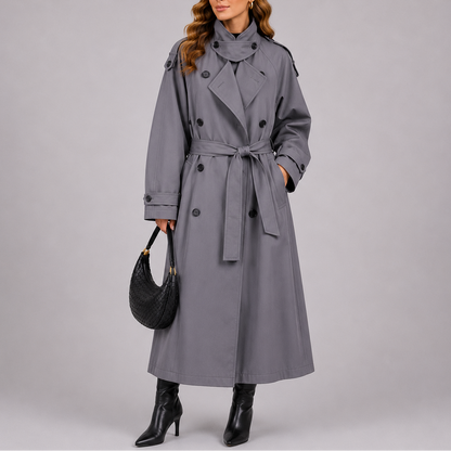 Talia Women's Tailored Trench Coat featuring a double-breasted design and a stylish waist belt, perfect for elegant layering in any season. 1