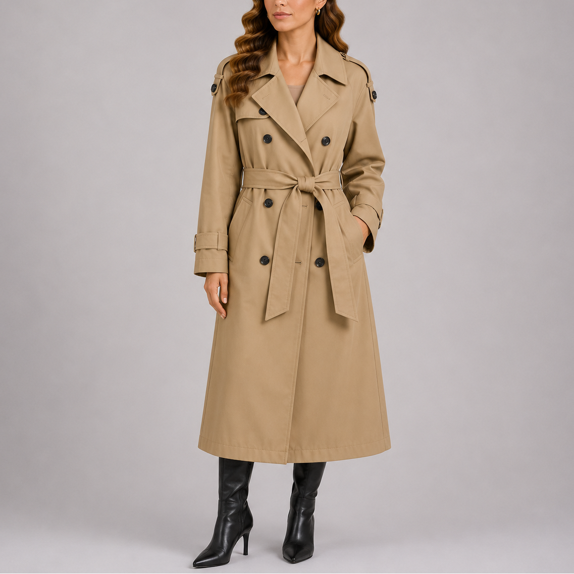 Talia Women's Tailored Trench Coat featuring a double-breasted design and a stylish waist belt, perfect for elegant layering in any season. 2