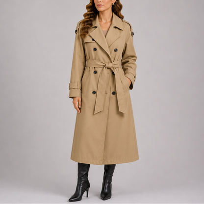 Talia Women's Tailored Trench Coat featuring a double-breasted design and a stylish waist belt, perfect for elegant layering in any season. 2